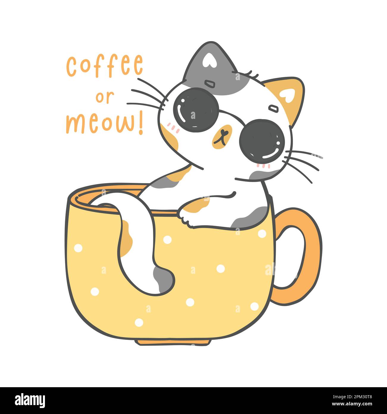 cute funny playful chubby kitten cat calico in coffee cup, play cool, coffee or meow, cartoon animal doodle handrawing Stock Vector