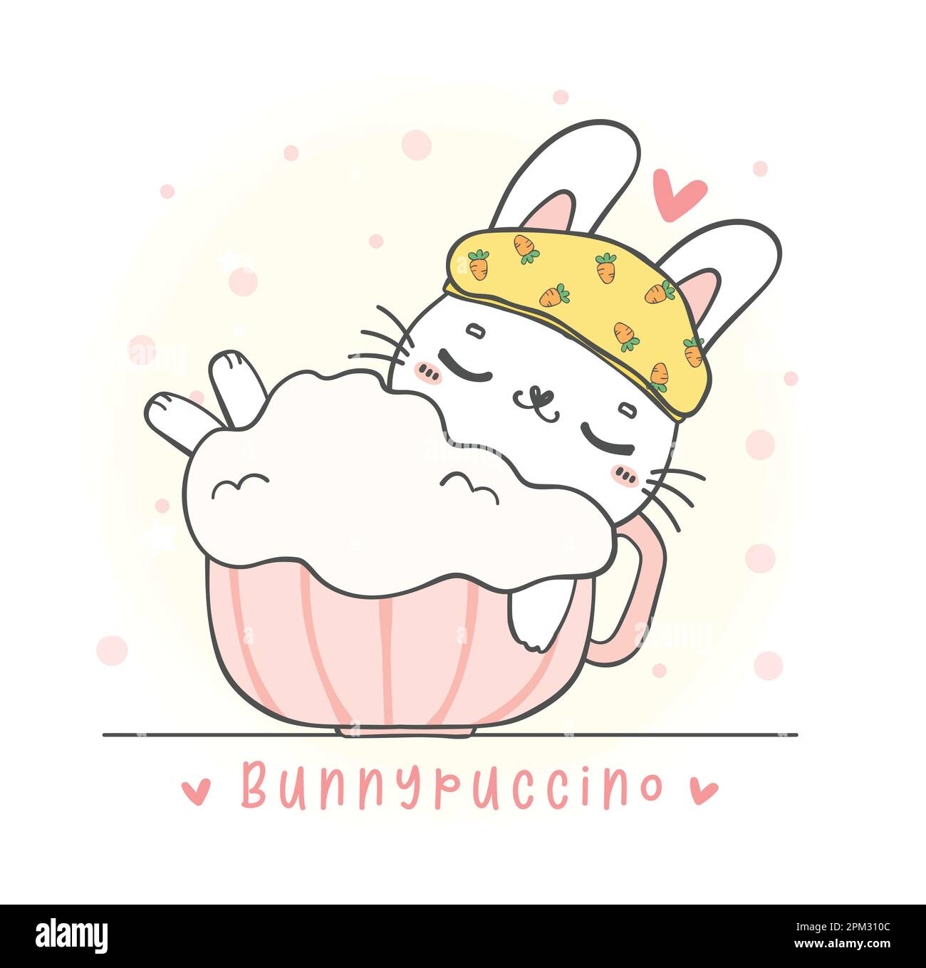 Cute kawaii white bunny rabbit in coffee cup, bunnypuccino coffee, cute cartoon character animal hand drawing doodle Stock Vector