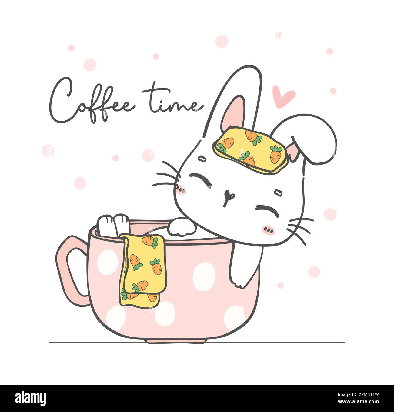 Cute kawaii white bunny rabbit soaking in coffee cup, cute cartoon character animal hand drawing doodle Stock Vector