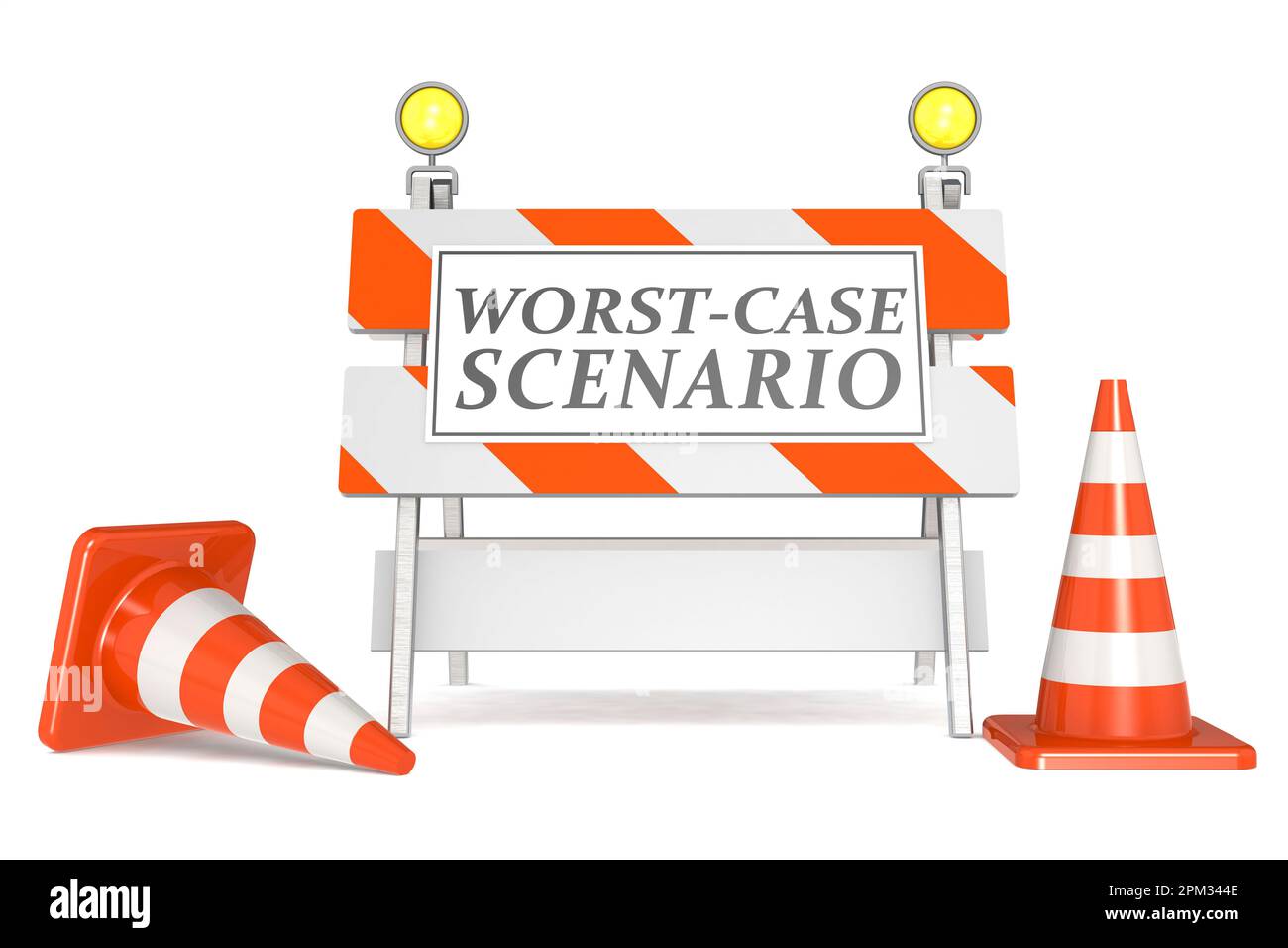 Worst case scenario sign on barricade and traffic cones, 3D rendering Stock Photo