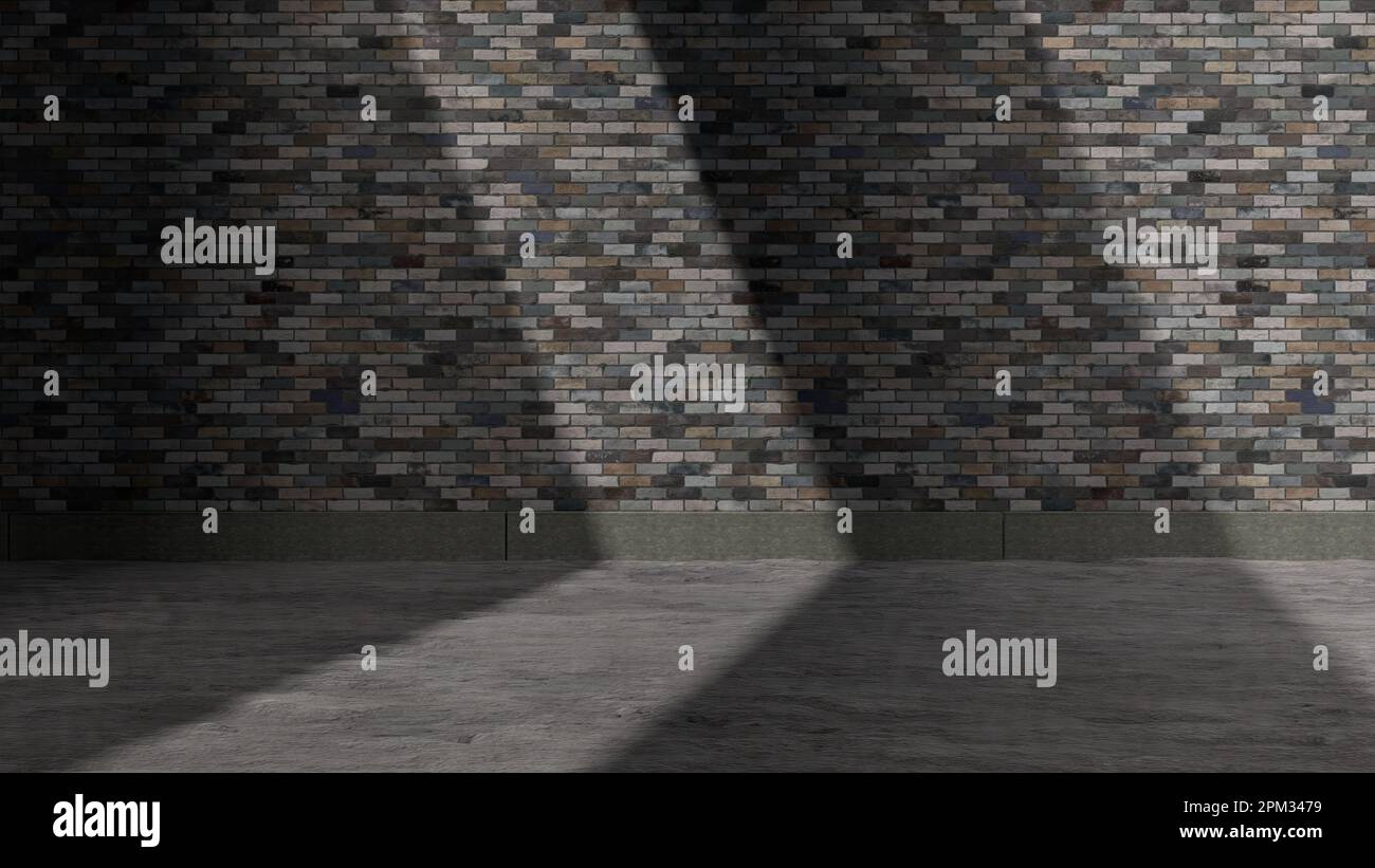 outdoor concrete floor complements brick wall space with sharp shadows ...
