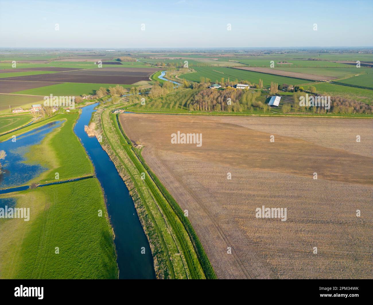 An aerial view of the Old West River in Willingham Cambridgeshire UK showing the Cambridgershire Fens and flat East Anglian landscape Stock Photo
