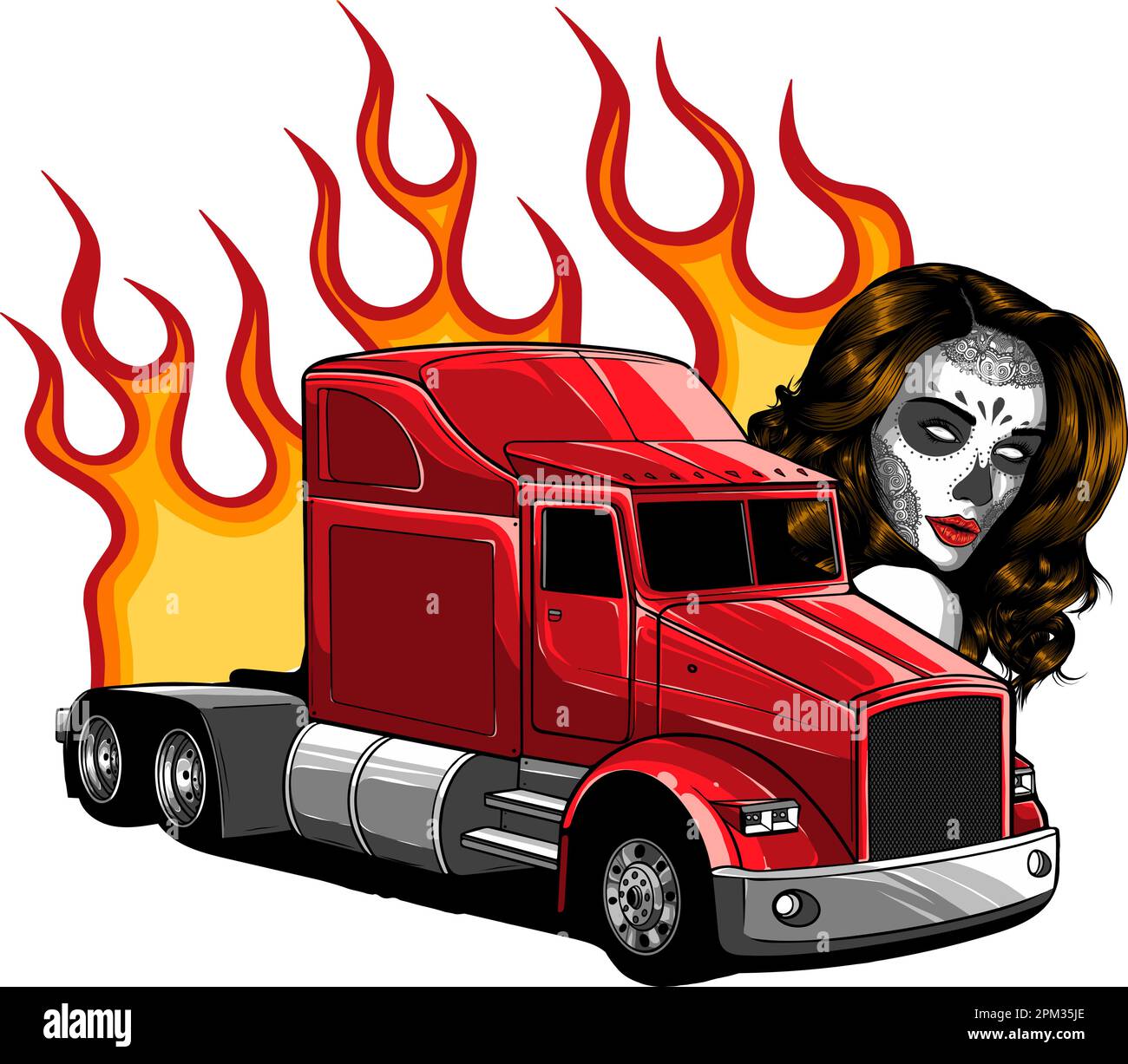 Modern truck vector illustration burn with woman head on white background. digital hand draw Stock Vector