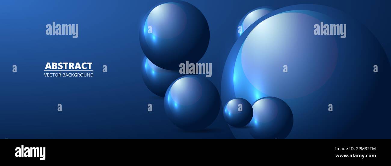 Blue realistic vector 3d spheres and balls on a wide blue background ...