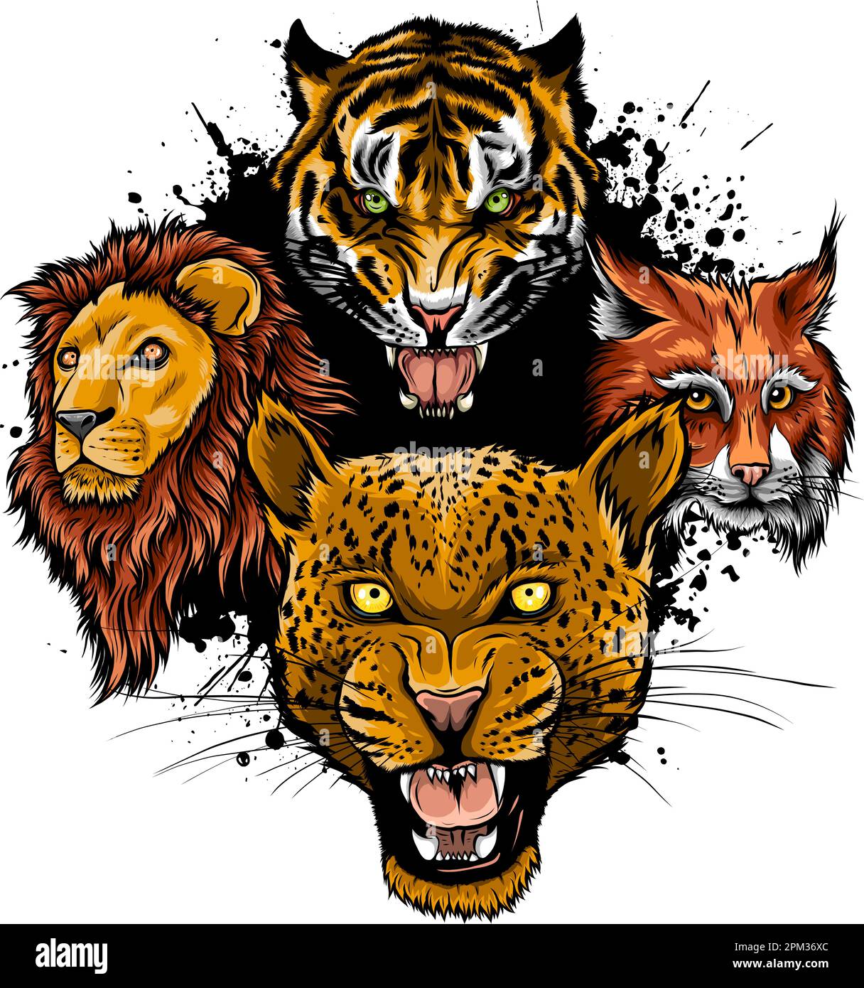 Cartoon big cats vector set. Illustration of cougar, jaguar, leopard, lion, tiger, cheetah, snow leopard. Stock Vector