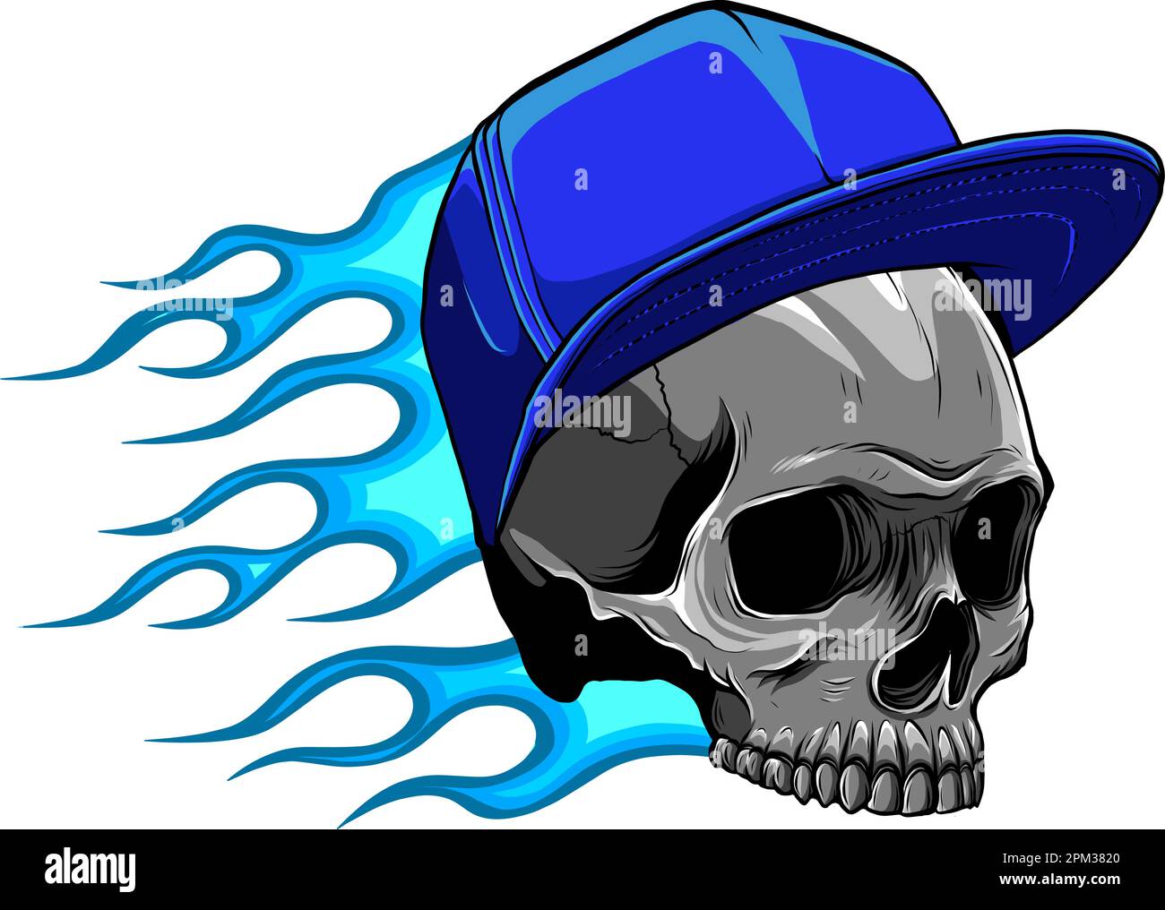 skull with hat and flames vector illustration Stock Vector