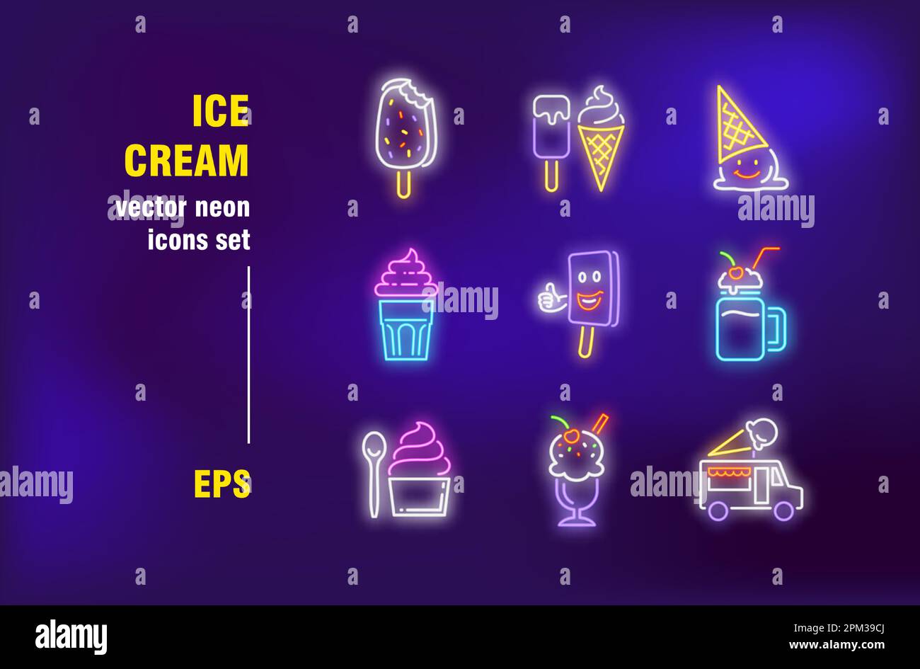 Ice cream set in neon style Stock Vector