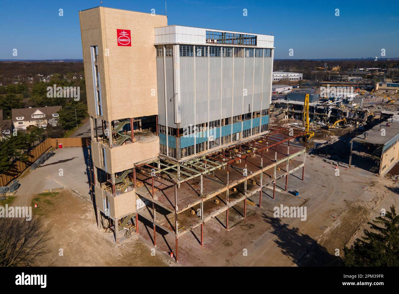 A demolition crew takes down the landmark former Nabisco plant in Fair Lawn, New Jersey, on