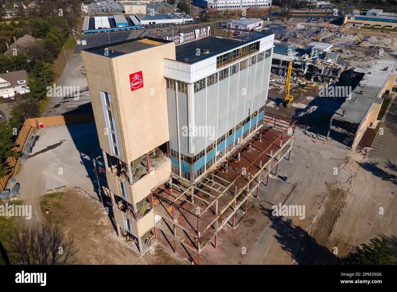 A demolition crew takes down the landmark former Nabisco plant in Fair Lawn, New Jersey, on