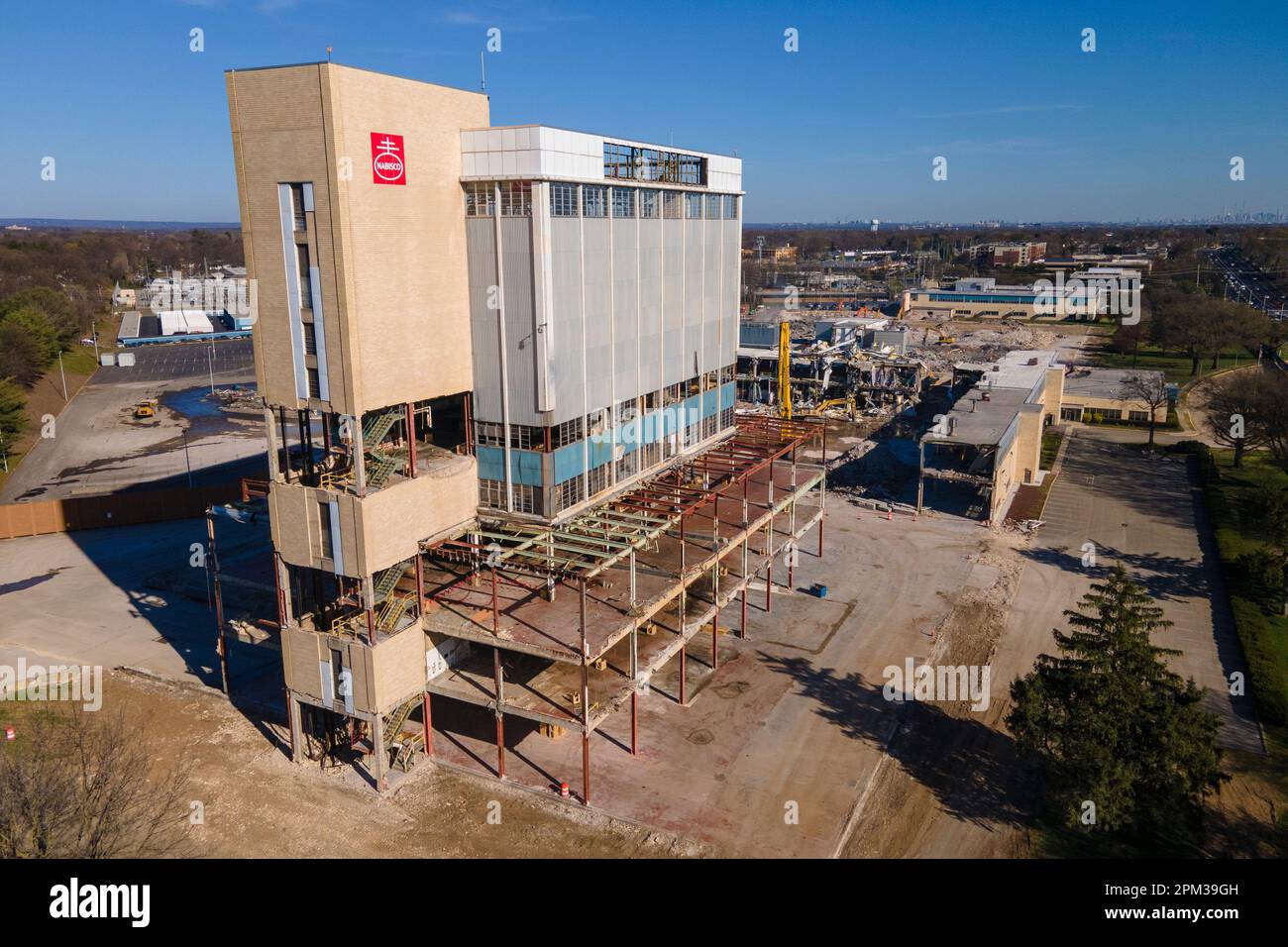 A demolition crew takes down the landmark former Nabisco plant in Fair Lawn, New Jersey, on