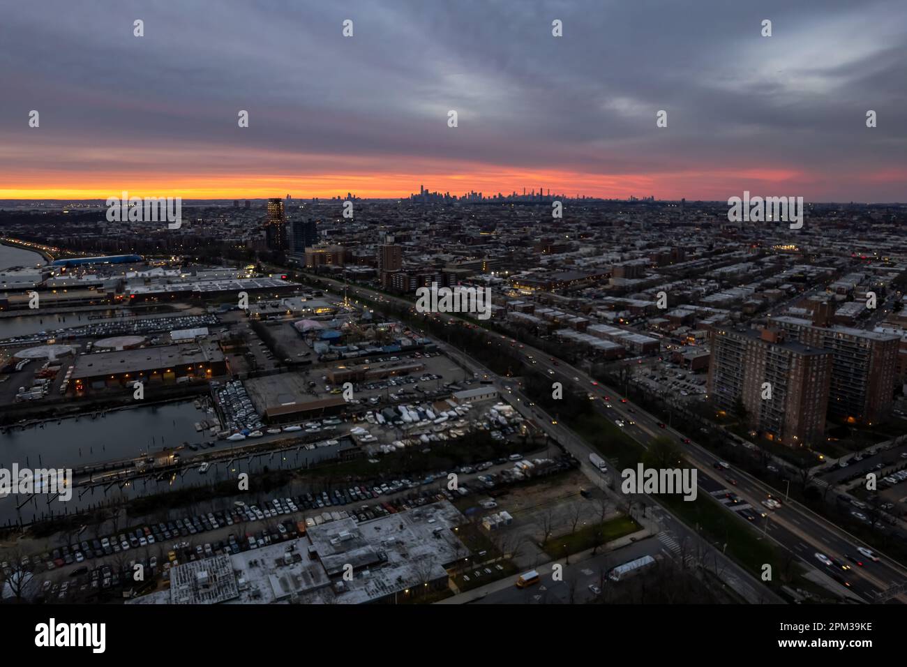 An aerial view of Shore Parkway and the industrial area on the shores