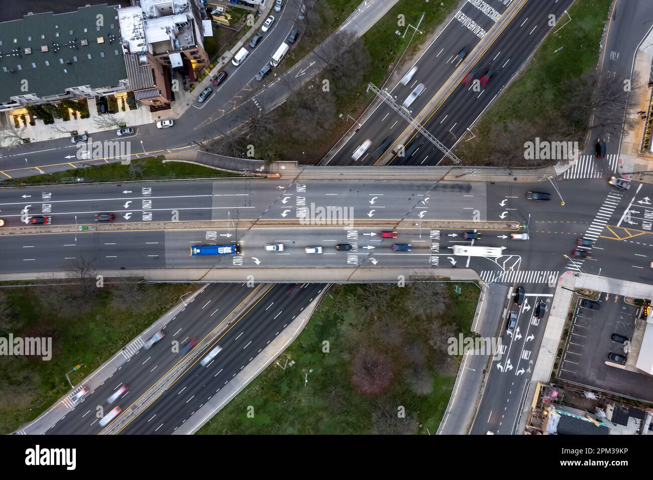 An aerial view over Shore Parkway in Brooklyn, New York on a cloudy