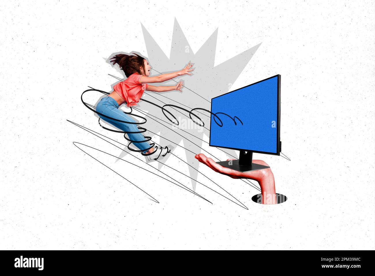 Creative collage portrait of arm hold pc screen absorb brainwashing ...