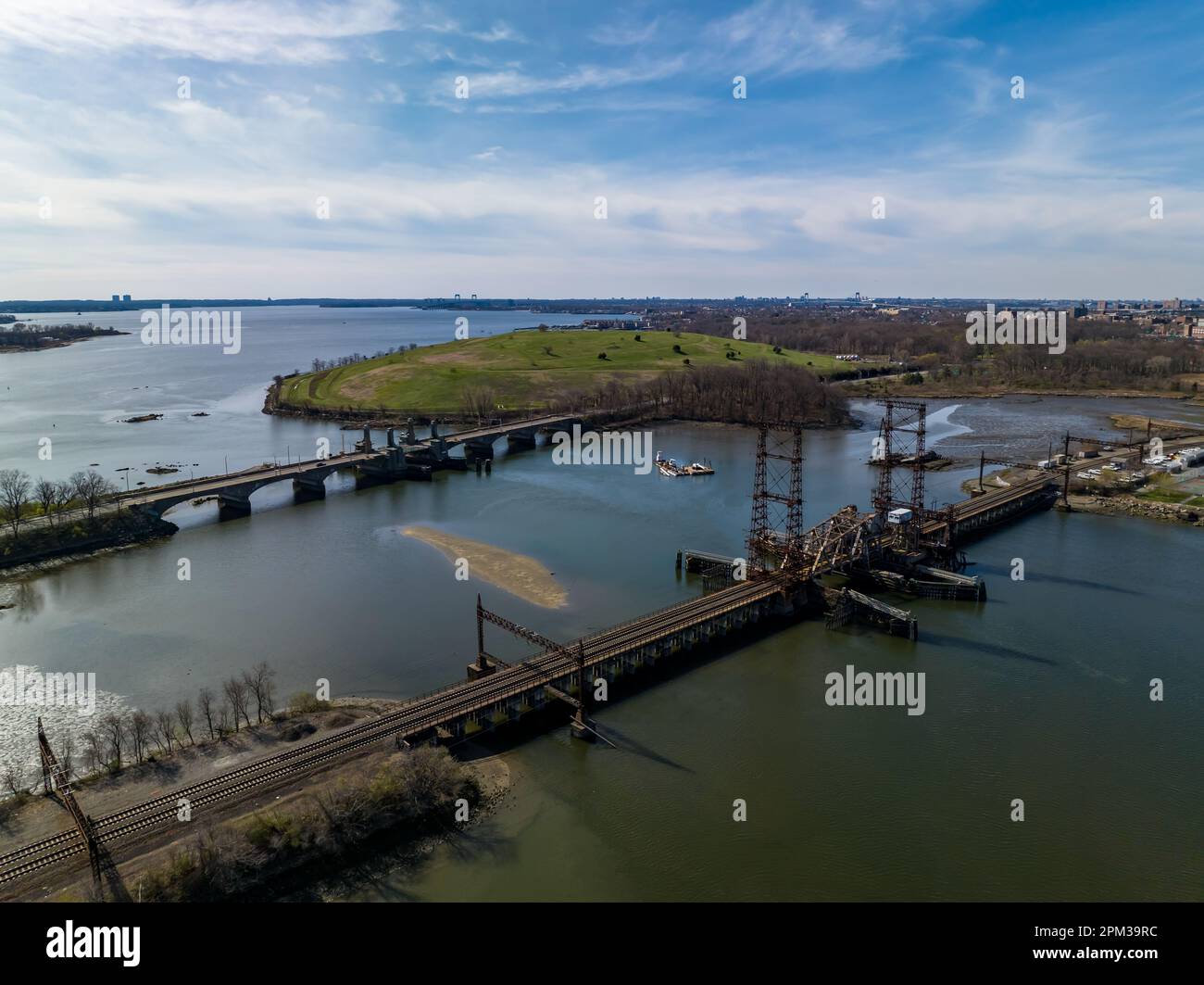 An aerial view over the Pelham Bay Railroad Bridge on a sunny morning An aerial view over the Pelham Bay Railroad Bridge on a sunny morning