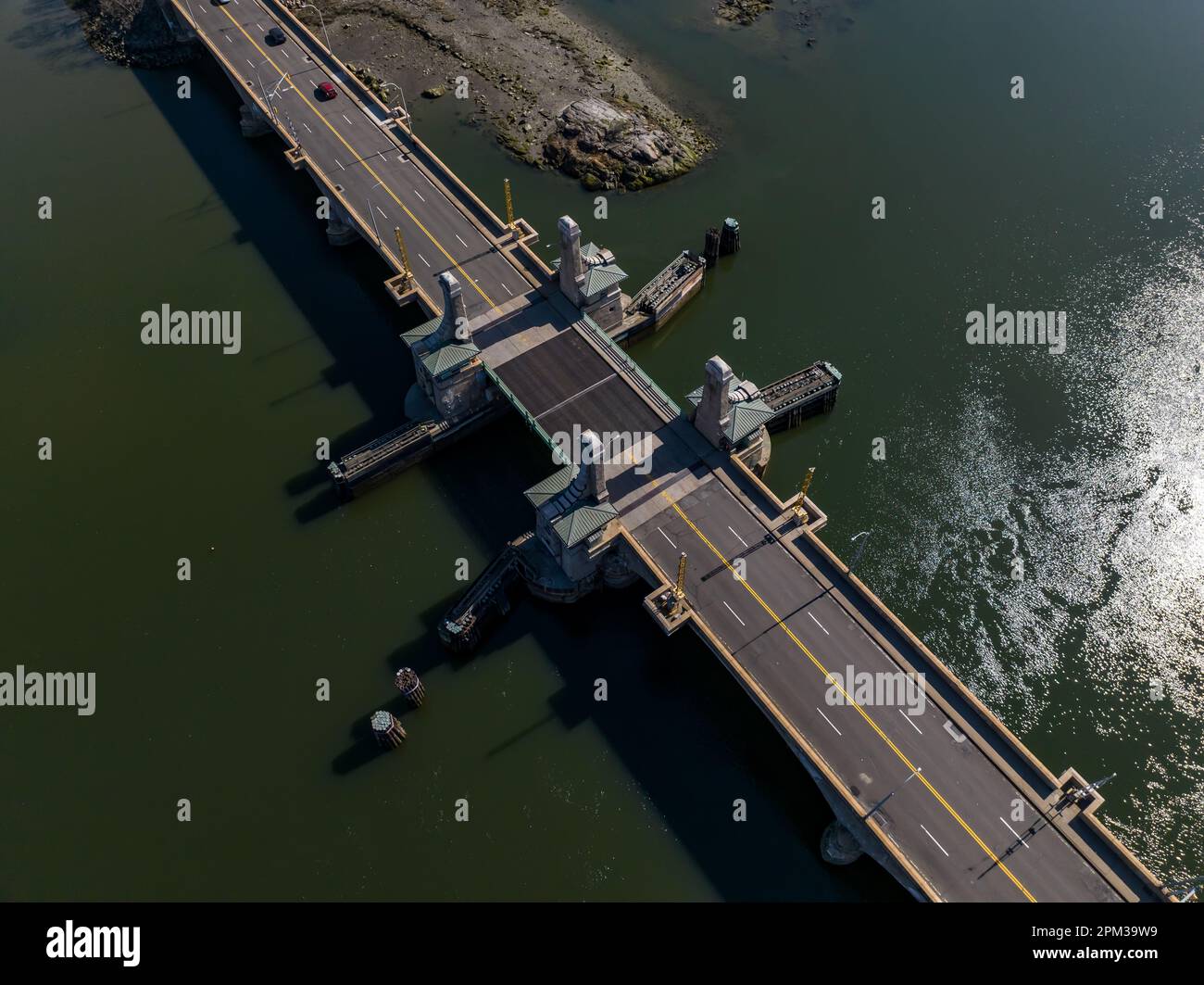 An aerial view over the Pelham Bay Bridge on a sunny morning in the