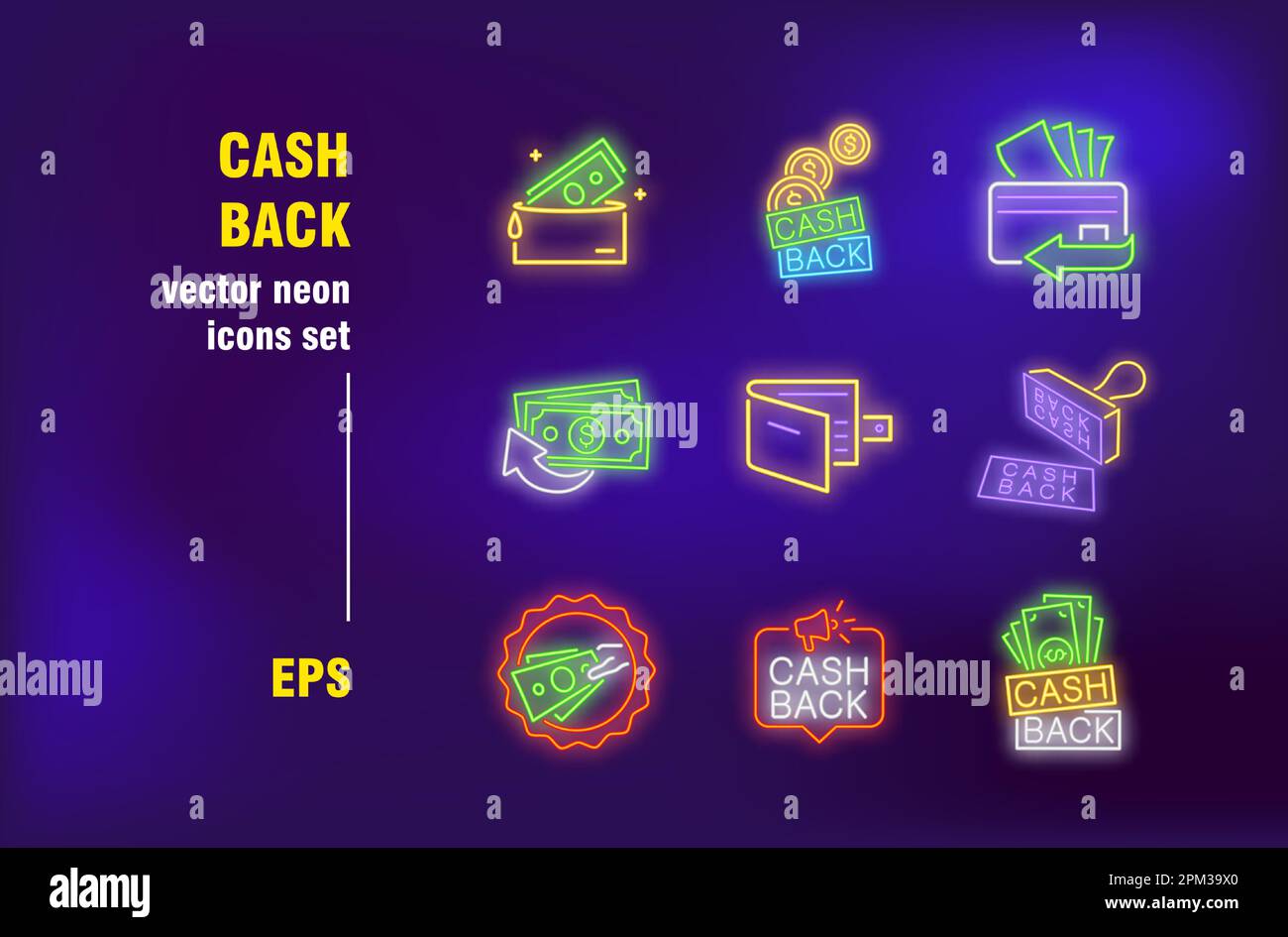 Cashback neon signs set Stock Vector