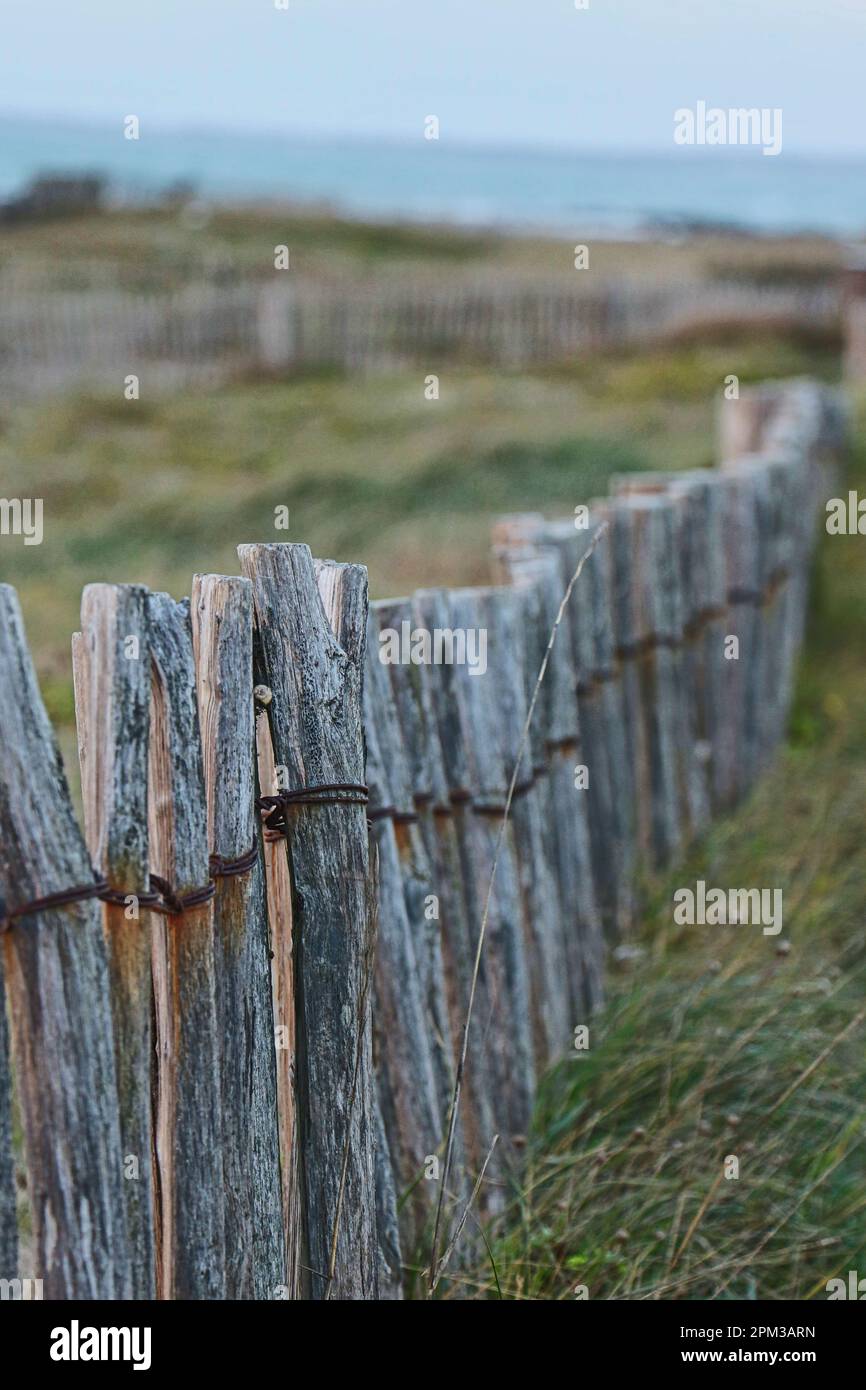A vertical shot of a fence with logs enclosing a beach with an ocean in ...