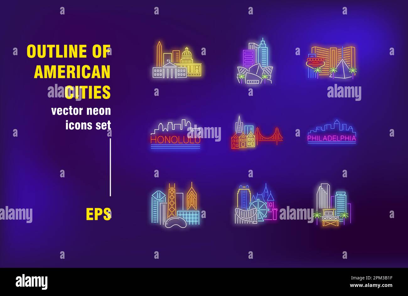 Outline of American cities neon signs set Stock Vector Image & Art - Alamy