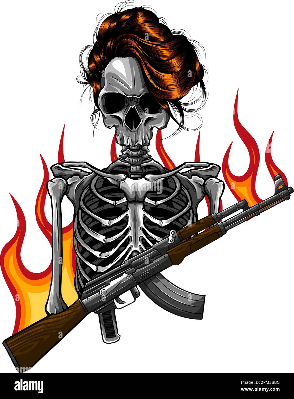 woman Skeleton holding assault rifle with flames vector illustration design on white background Stock Vector