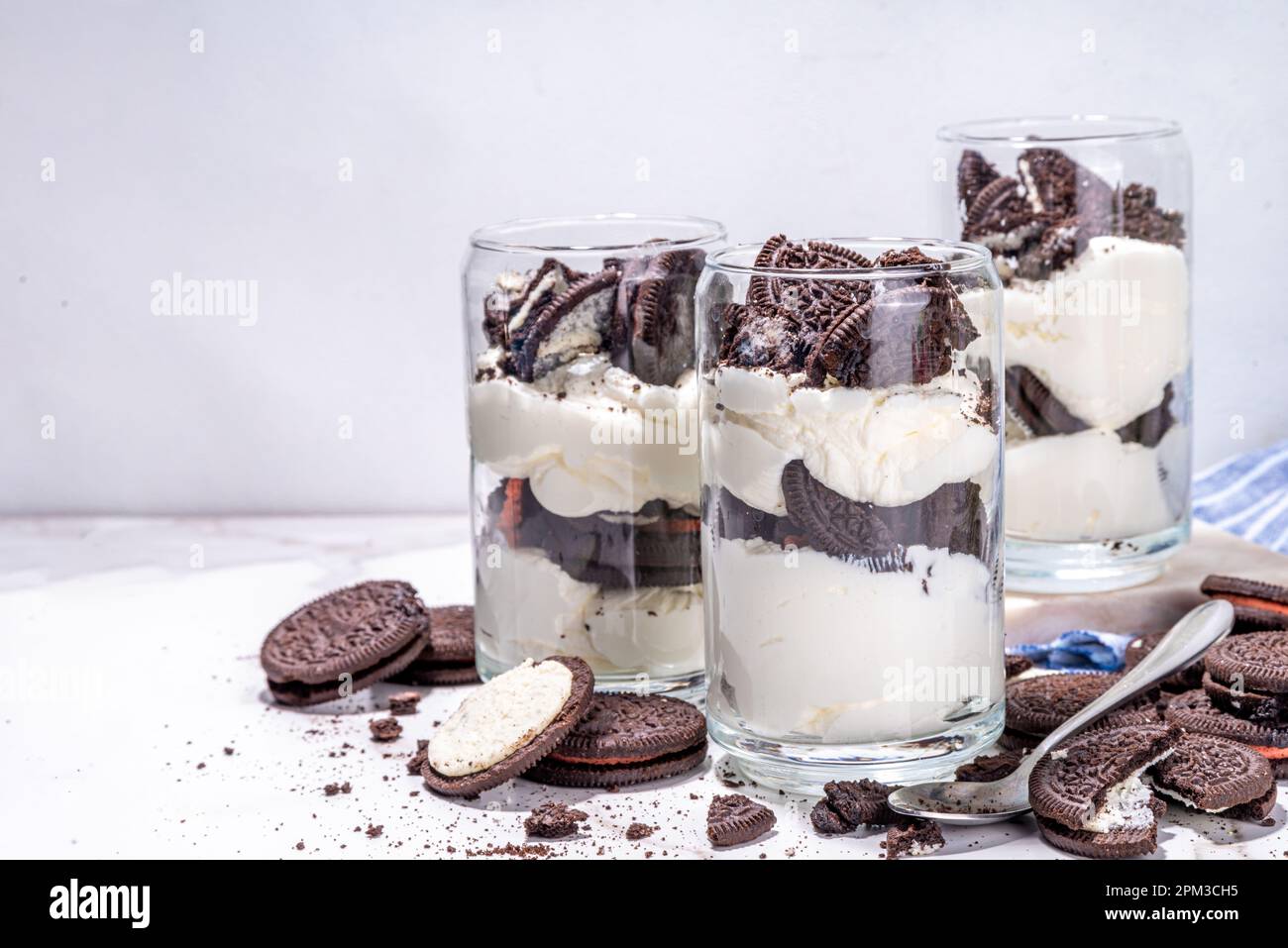 Cream and cookie layered dessert. Homemade oreo trifle, vanilla ...