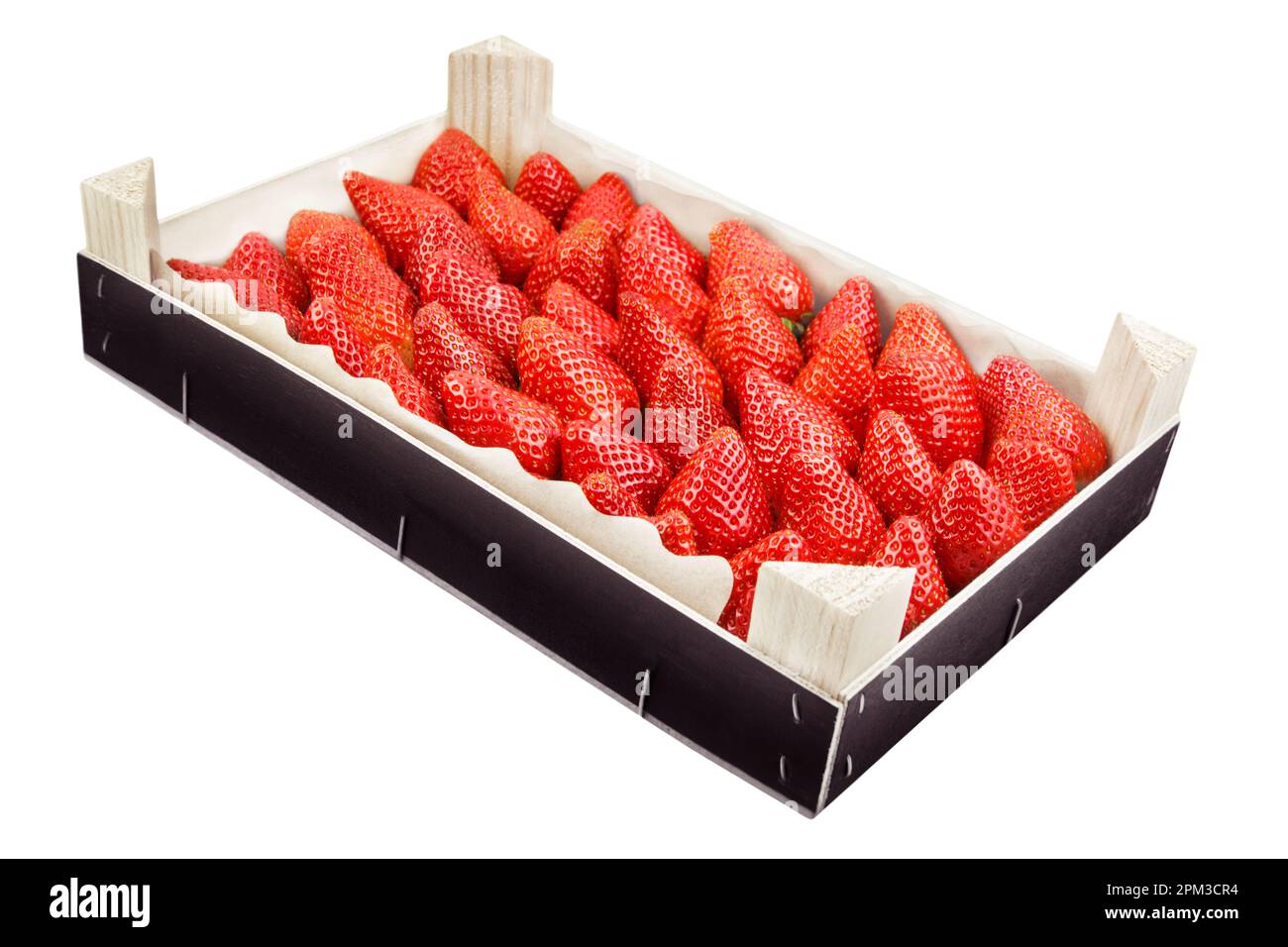 Fresh strawberries and wooden box isolated white background Stock Photo