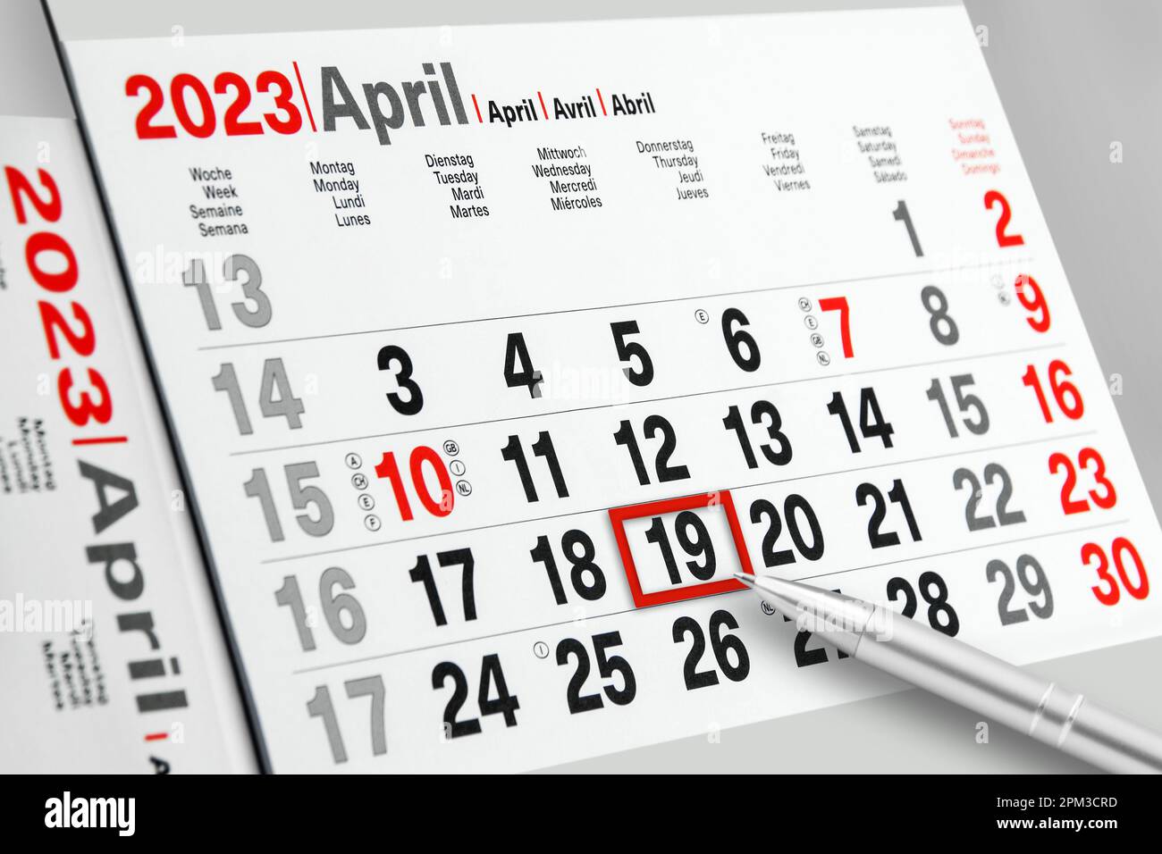 German calendar April 19  2023   Monday, Tuesday, Wednesday, Thursday, Friday, Saturday, Sunday, Week Stock Photo