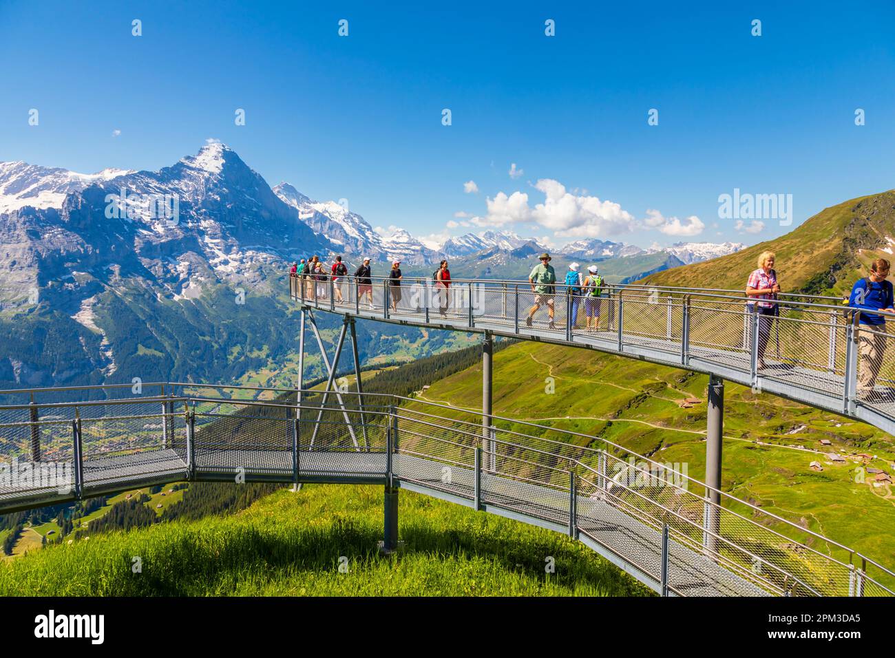 First Cliff Walk walkway, an aerial panoramic viewing platform in Grindelwald-First, Jungfrau region, Bernese Oberland, Switzerland and Eiger views Stock Photo