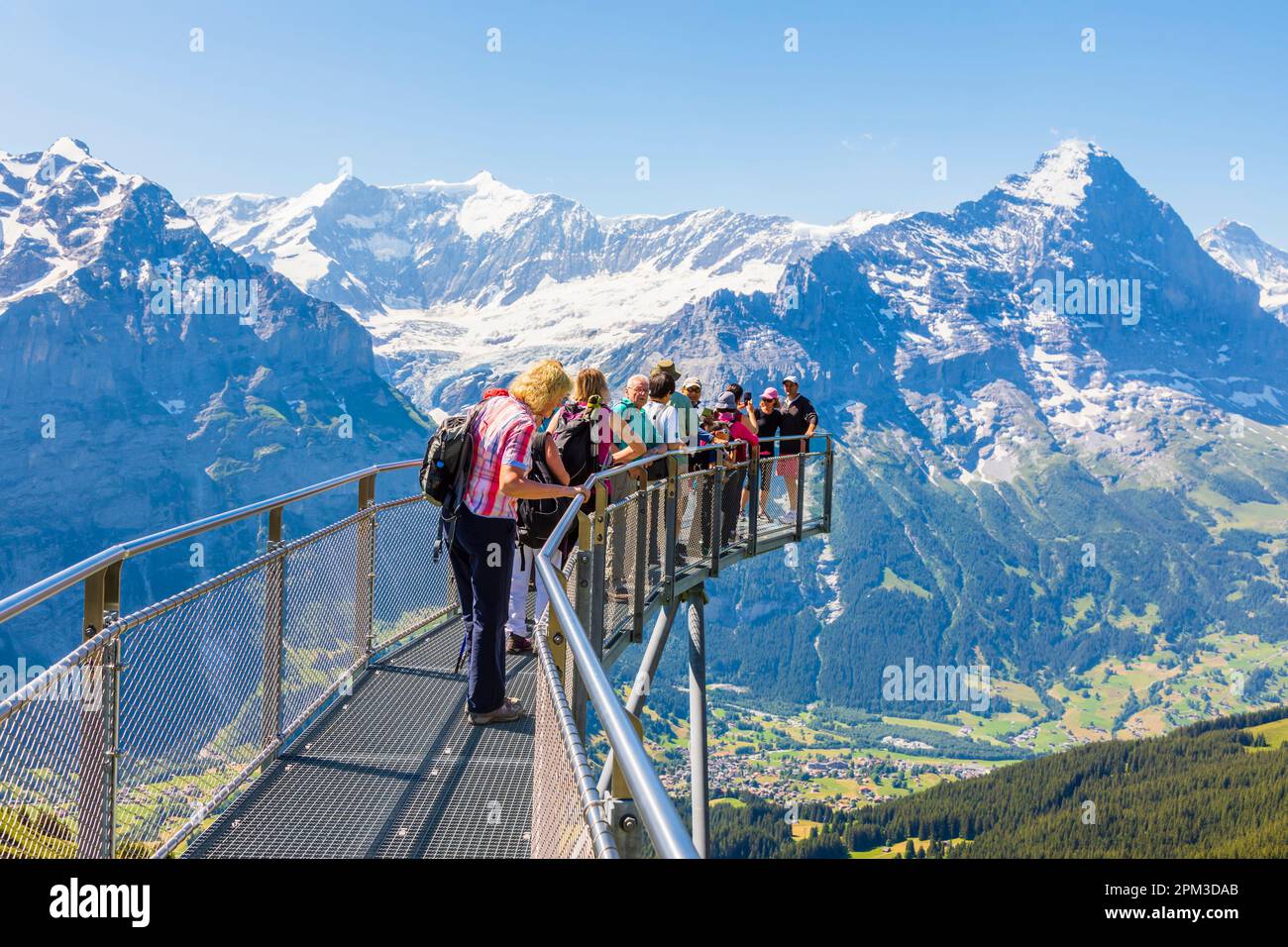 First Cliff Walk walkway, an aerial panoramic viewing platform in Grindelwald-First, Jungfrau region, Bernese Oberland, Switzerland and Eiger views Stock Photo