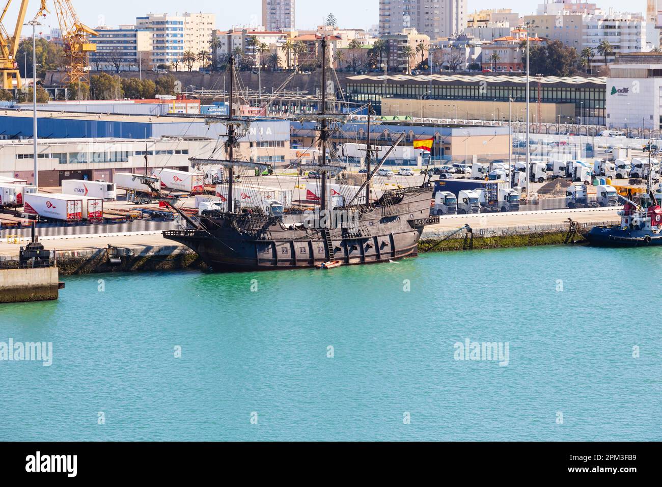Nao Santa Maria. Replica square sail ship of Christopher Columbus boat. Moored at Cadiz, Andalusia, Spain. Cristoforo Colombo, Huelva. Historic. Moore Stock Photo