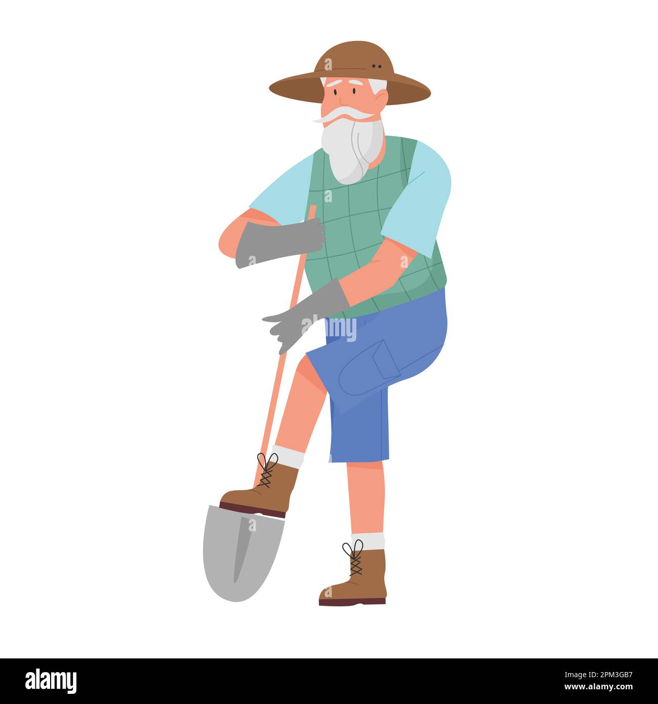 Farmer man digging with shovel. Gardening activity, farm garden work vector illustration Stock Vector