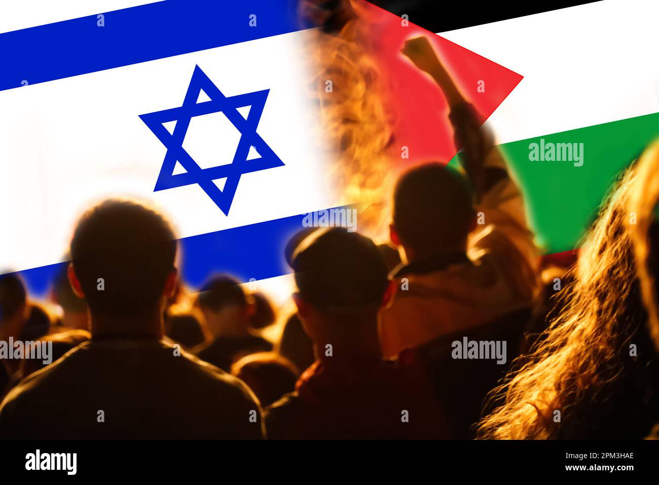 Israel Palestine war. Concept of crisis of war and political conflicts between nations. Flags. Fire, flames. Cracked stone background. Protests demons Stock Photo