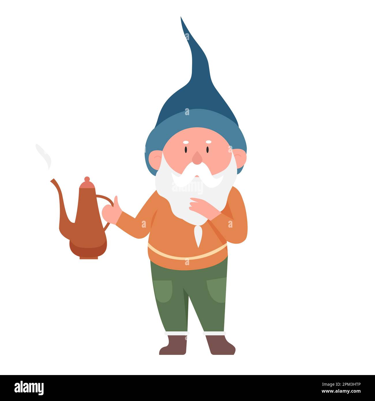 Gnome with tea kettle. Fairytale character holds teapot, magic dwarf