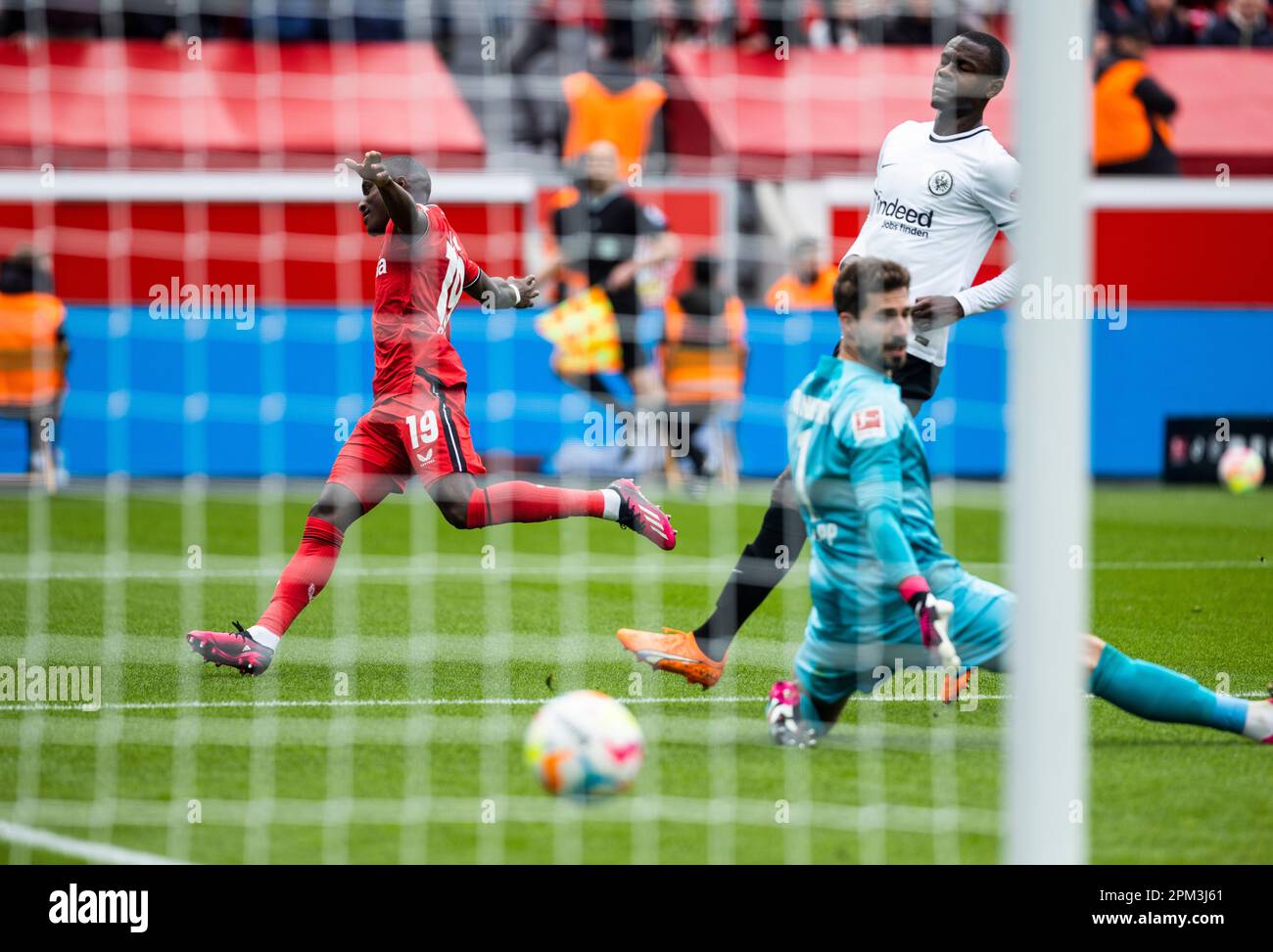 Leverkusen, Bayarena, 08.04.23: Moussa Diaby (L) (Leverkusen) schiesst das 2:0 Tor gegen Torwart Kevin Trapp (Frankfurt) und jubelt beim Abdrehen beim Stock Photo