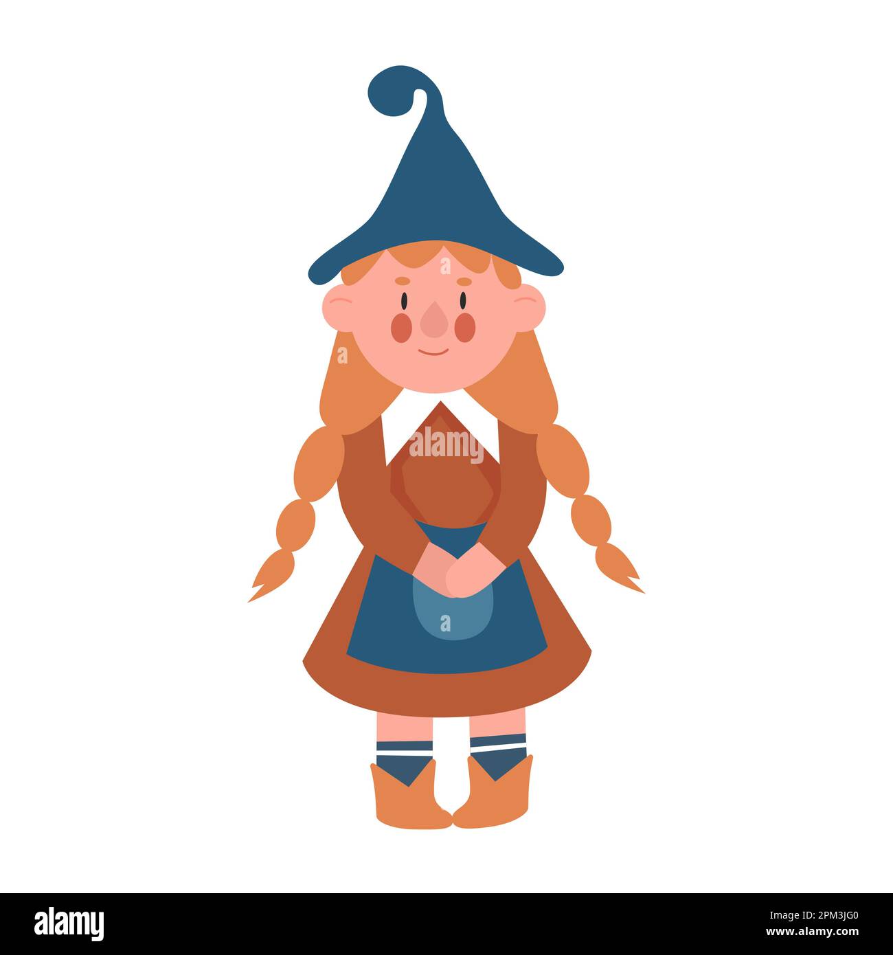 Magic female gnome in standing pose. Woman dwarf, fairytale character vector illustration Stock Vector