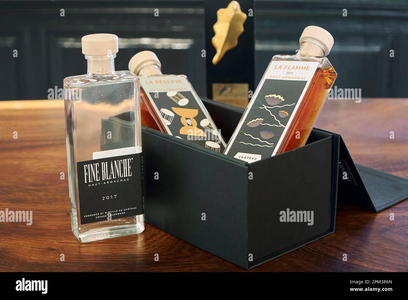 France, Gers, Lectoure, Domaine d'Arton, Haut Armagnac, bottles of Armagnac sold in boxes: Fine Blanche, la Flamme, la Reserve Stock Photo