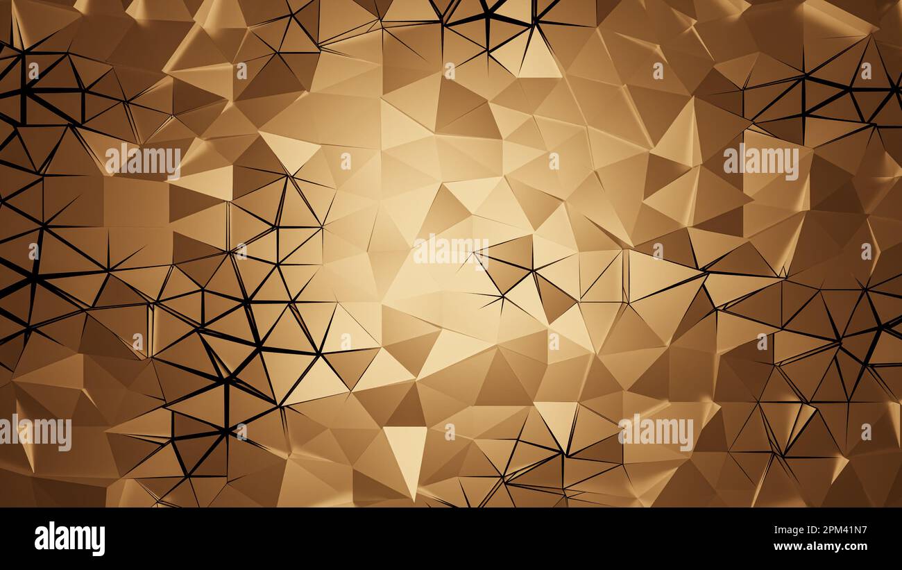 Abstract golden background with sharp gold edge triangles and polygons, polygonal wallpaper with geometric shapes and texture patterns Stock Photo