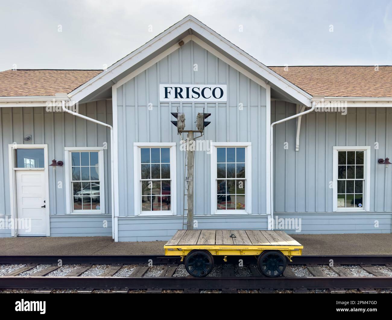 Frisco, Texas, USA April 10, 2023. Frisco train station entrance, museum exhibition, trolley