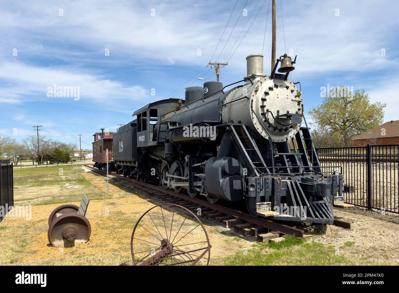 Frisco, Texas, USA April 10, 2023. Old railway car, museum exhibits