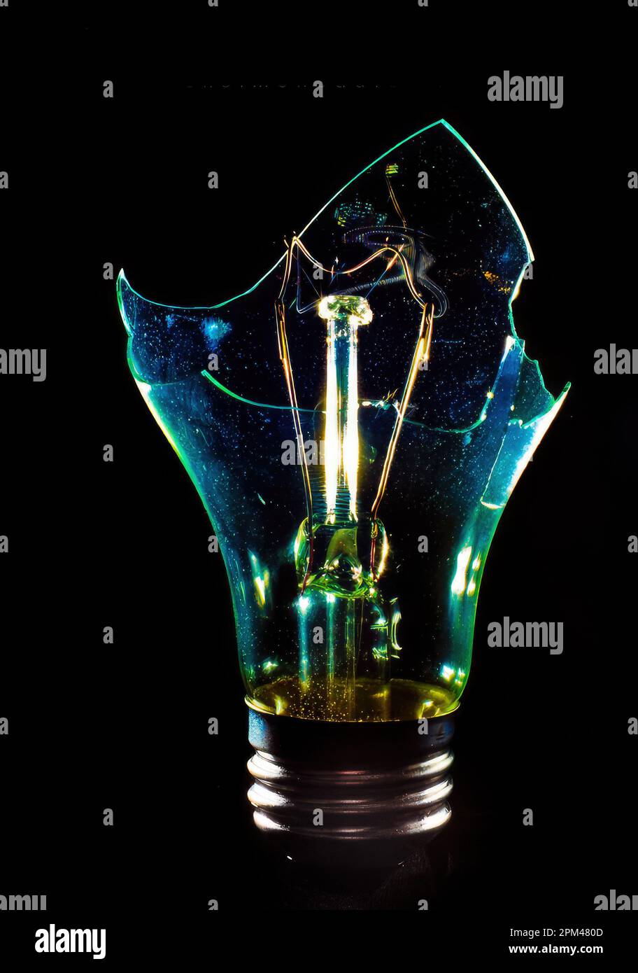 A broken lightbulb emitting a faint light in a dark room Stock Photo