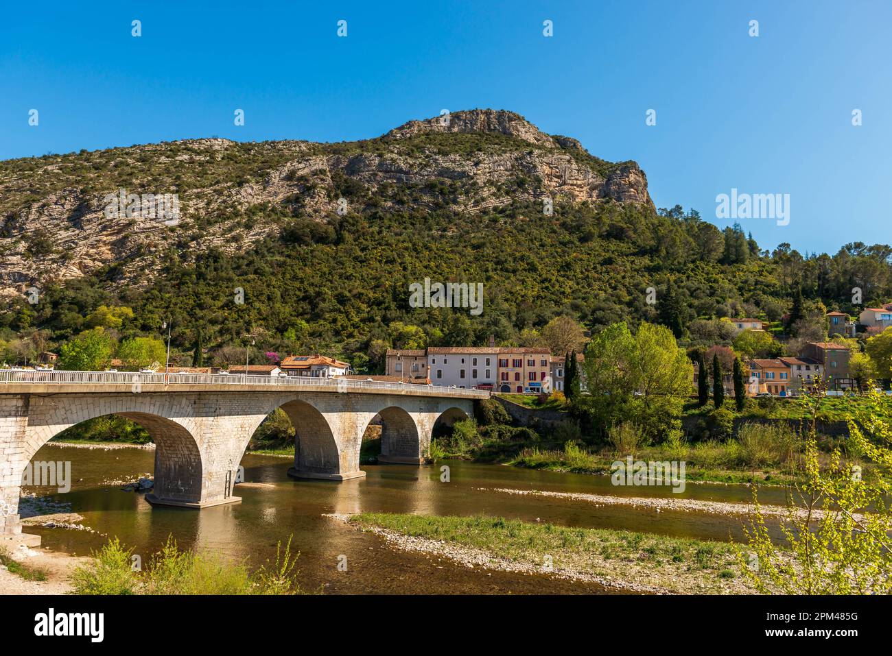 Landscape of the village of Anduze and the river Gardon, in the Cévennes, in Gard, Occitanie, France Stock Photo