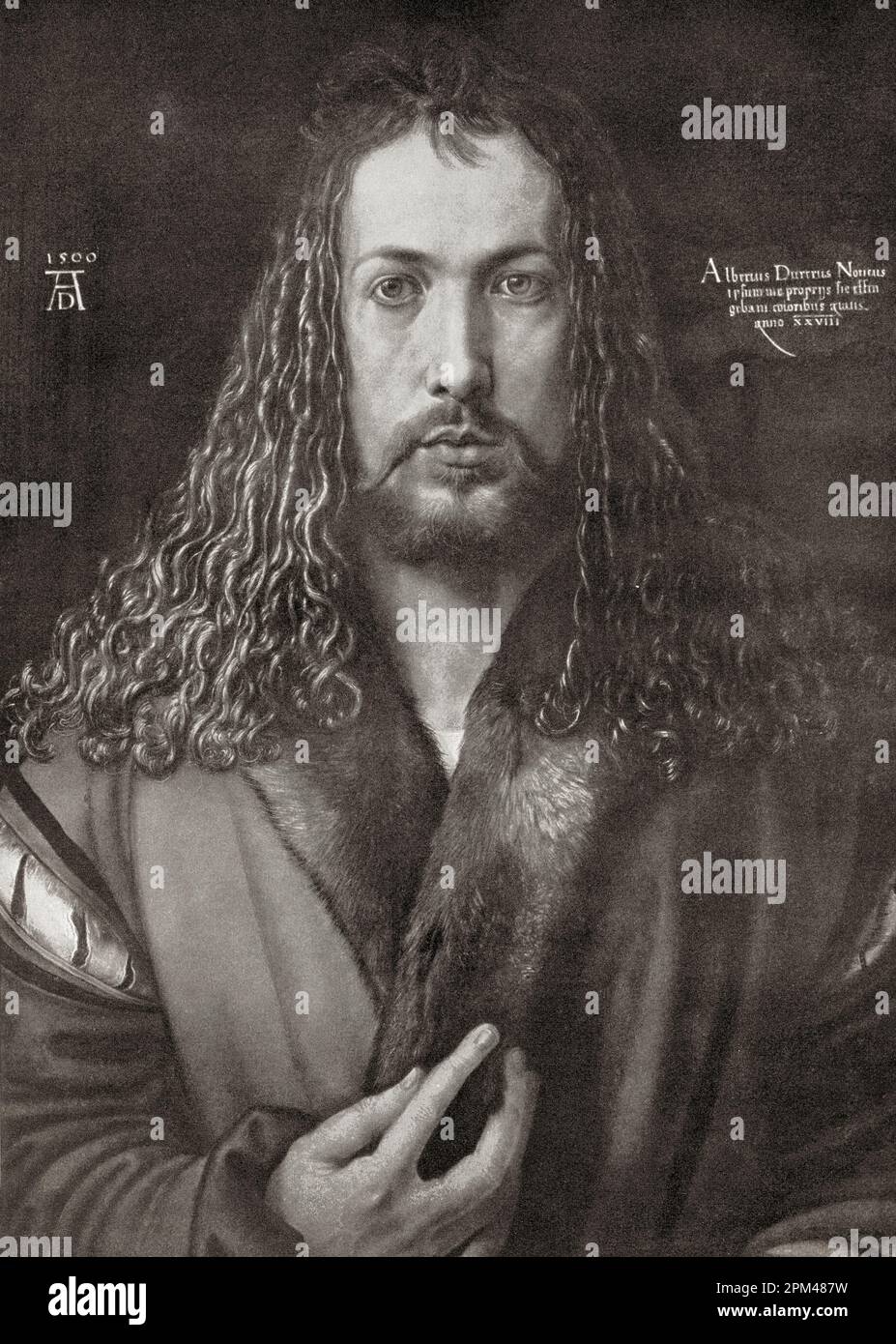 Dürer's self-portrait at 28 (1500).  After the work by Albrecht Dürer, 1471 – 1528,  sometimes spelled in English as Durer.  German painter, printmaker, and theorist of the German Renaissance.  From Albrecht Dürer, Sein Leben und eine Auswahl seiner Werke or His life and a selection of his works, published 1928. Stock Photo
