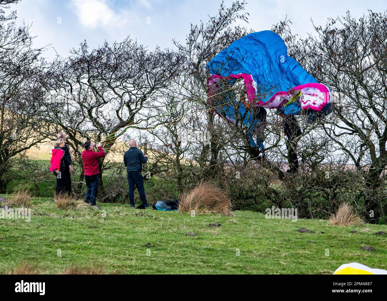 A paraglider stuck in a hedge, Parlick Fell, Preston, Lancashire, UK. Stock Photo