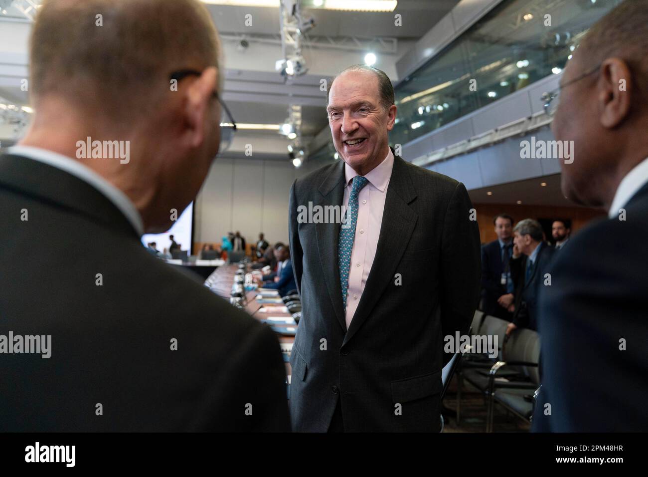 World Bank President David Malpass speaks with delegates during G-24 Finance Ministers and Central Bank Governors' meeting at the World Bank/IMF Spring Meetings at the International Monetary Fund (IMF) headquarters in Washington, Tuesday, April 11, 2023. (AP Photo/Jose Luis Magana) Stock Photo