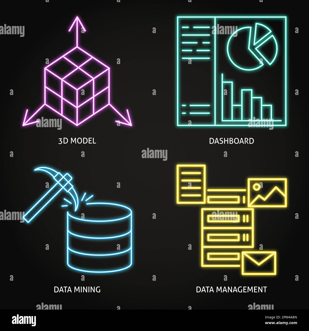 Data mining and management neon icon set vector illustration stock