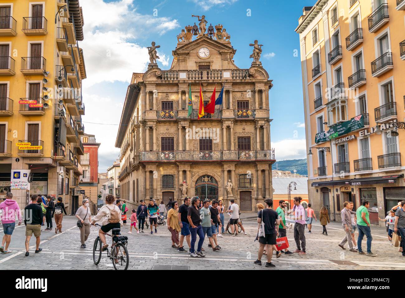 PAMPLONA, Spain - July 04 2022: City center of Pamplona few day before the famous celebration SAN FERMIN. View of Consistorial Square and Town Hall Stock Photo