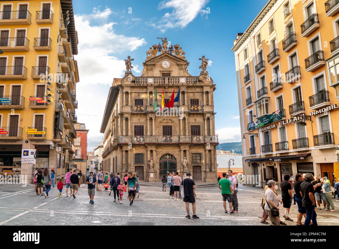 PAMPLONA, Spain - July 04 2022: City center of Pamplona few day before the famous celebration SAN FERMIN. View of Consistorial Square and Town Hall Stock Photo