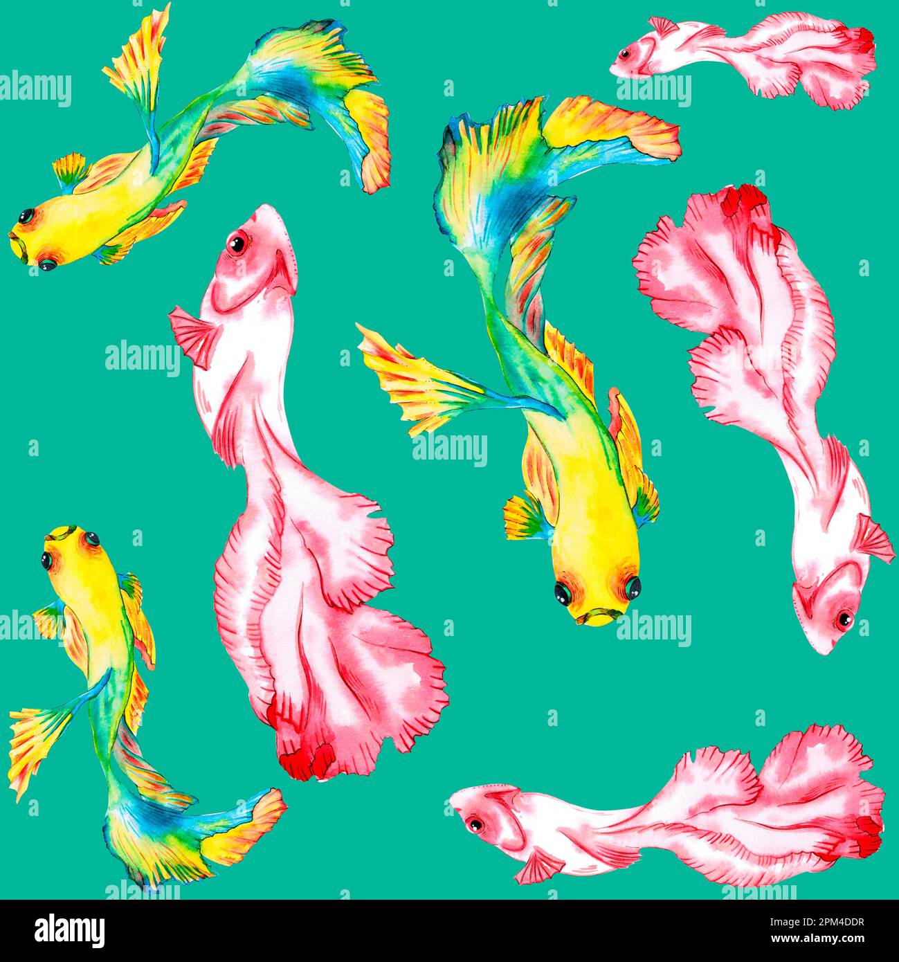 Fish watercolor illustration seamless pattern bright on green ...