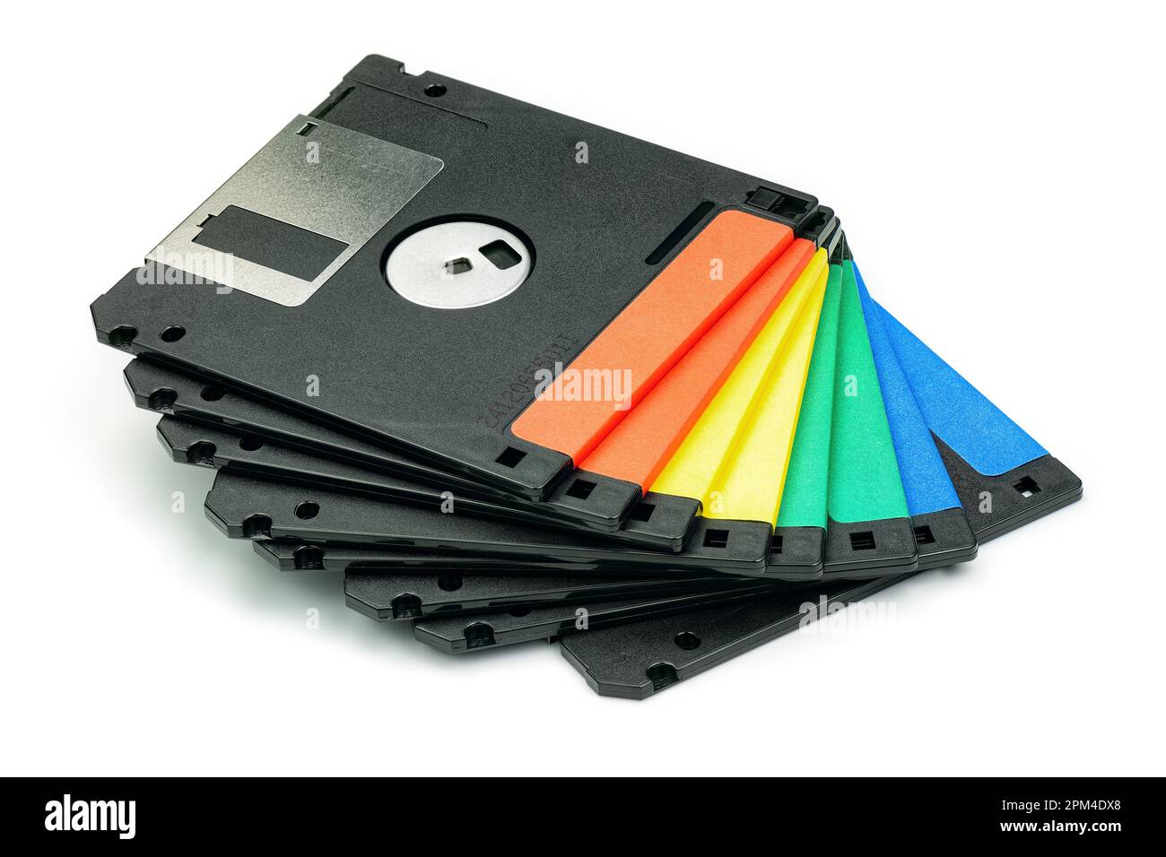 Stack of colored floppy diskettes top view isolated on white background ...
