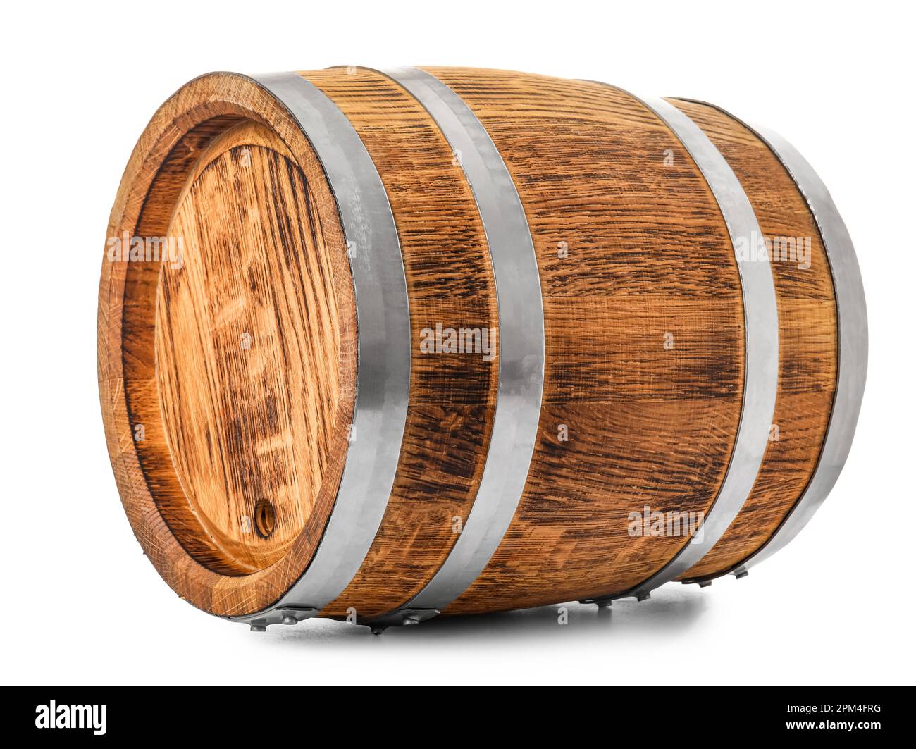Oak barrel with metal hoops isolated on white background Stock Photo