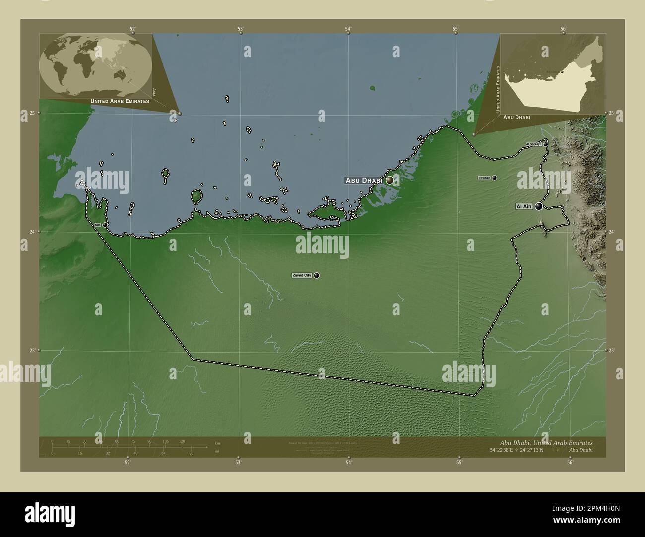 Abu Dhabi, emirate of United Arab Emirates. Elevation map colored in wiki style with lakes and